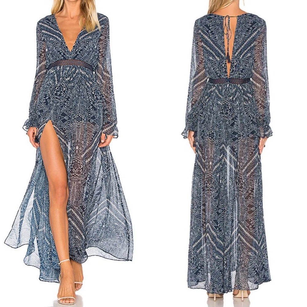 The Jetset Diaries Moroccan Maxi Dress Bodysuit‎ Sheer Long Sleeve Deep V XS